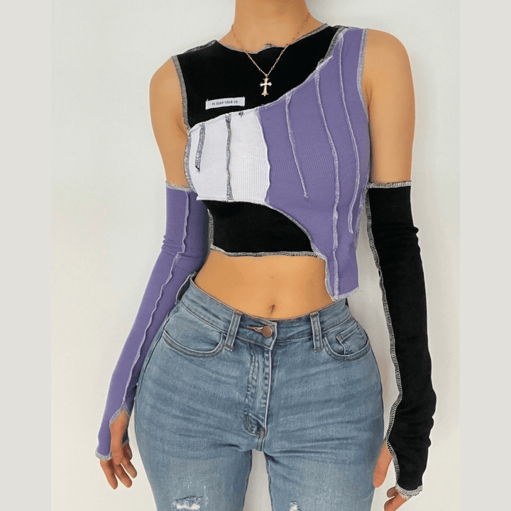 Patchwork off shoulder gloves ribbed crop top - Halibuy