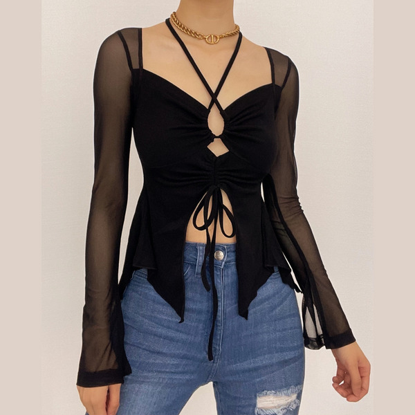 Mesh hollow out slit drawstring long sleeve halter self tie crop cut out top