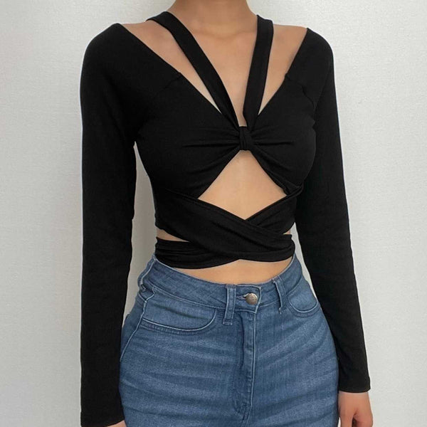 Long sleeve self tie bowknot hollow out solid crop cut out top