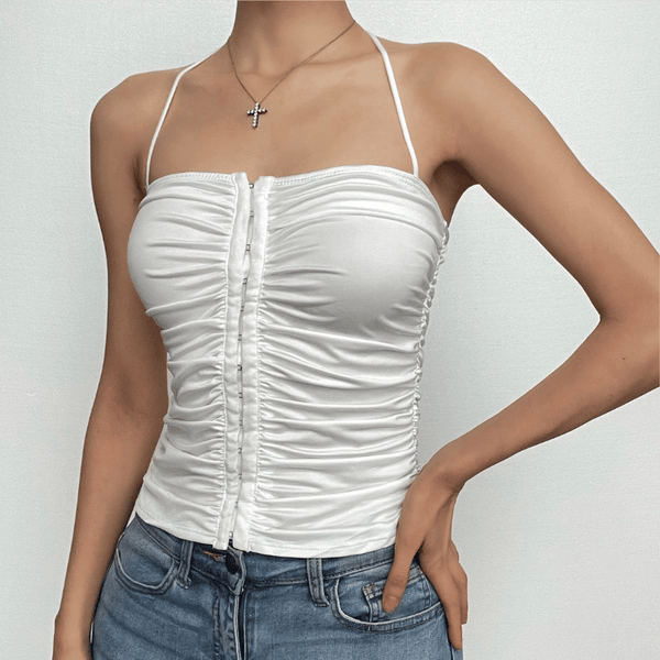 Button ruched solid halter backless crop top