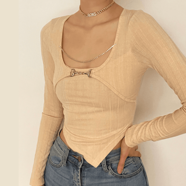 Long sleeve round neck metal chain buckle top - Halibuy