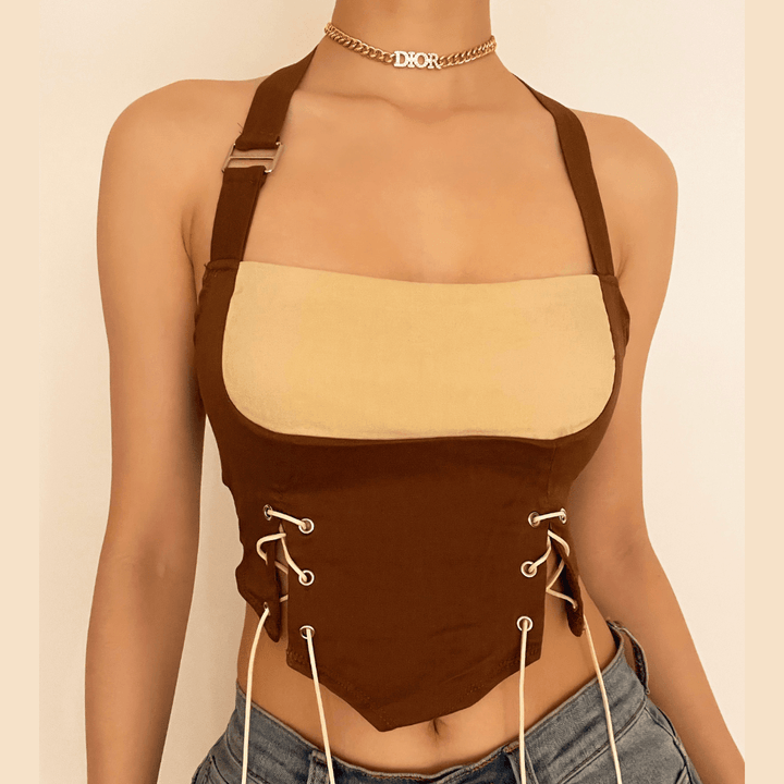 Lace up halter open back crop top - Halibuy