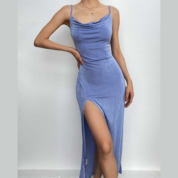 Cowl neck slit backless solid irregular cami midi dress