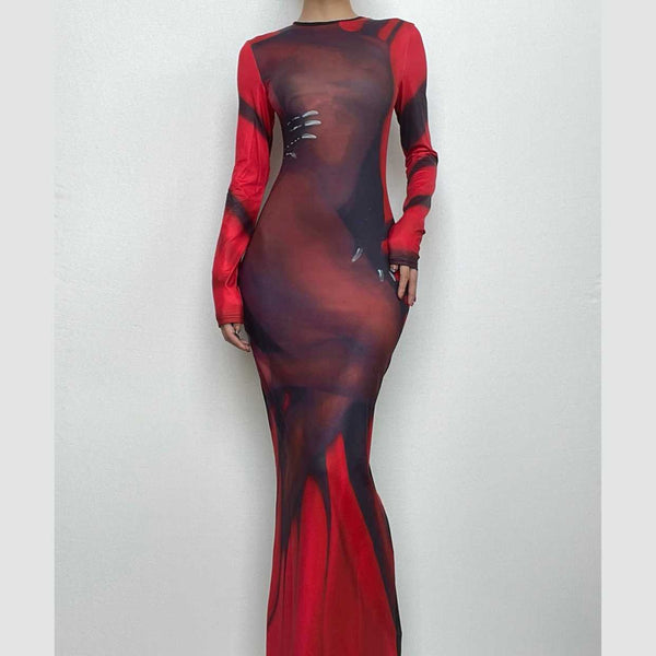 Abstract contrast long sleeve crewneck maxi dress
