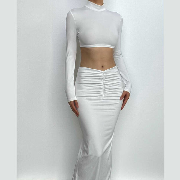 High neck long sleeve ruched solid maxi skirt set