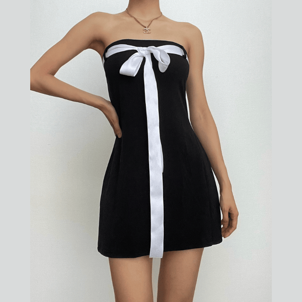 Backless bowknot contrast tube mini dress