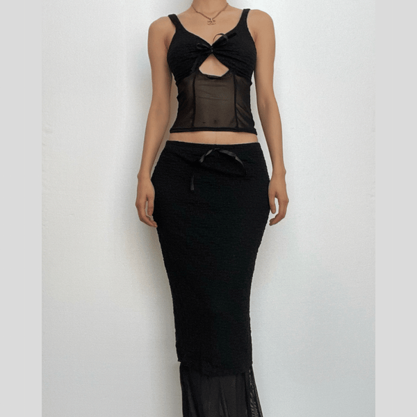 Lace v neck sleeveless hollow out solid patchwork maxi skirt set