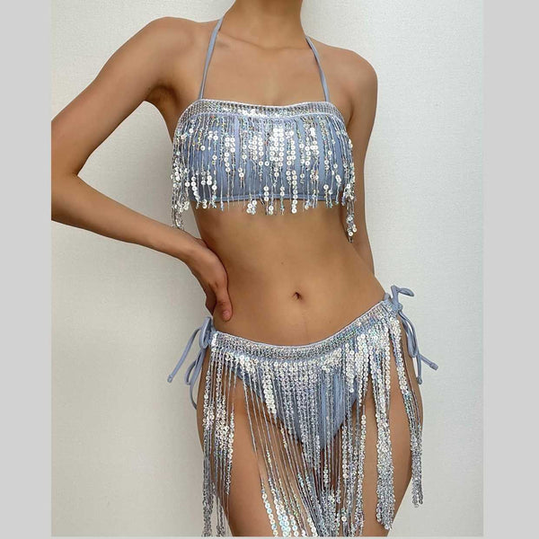 Glitter tassels contrast halter backless self tie bikini swimwear