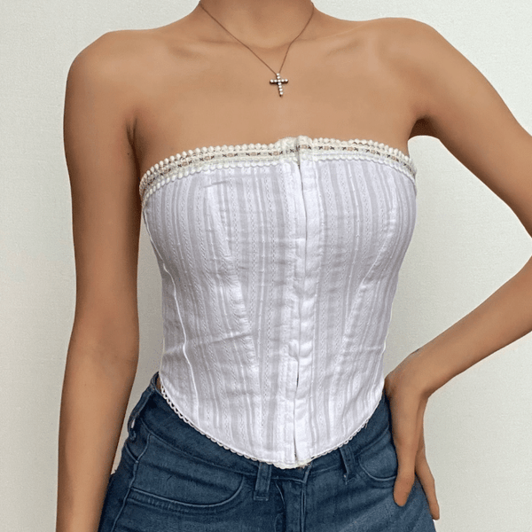 Button textured lace hem stitch bustier tube top