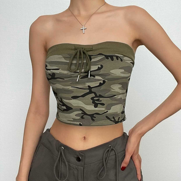 Drawstring camouflage backless contrast tube crop top