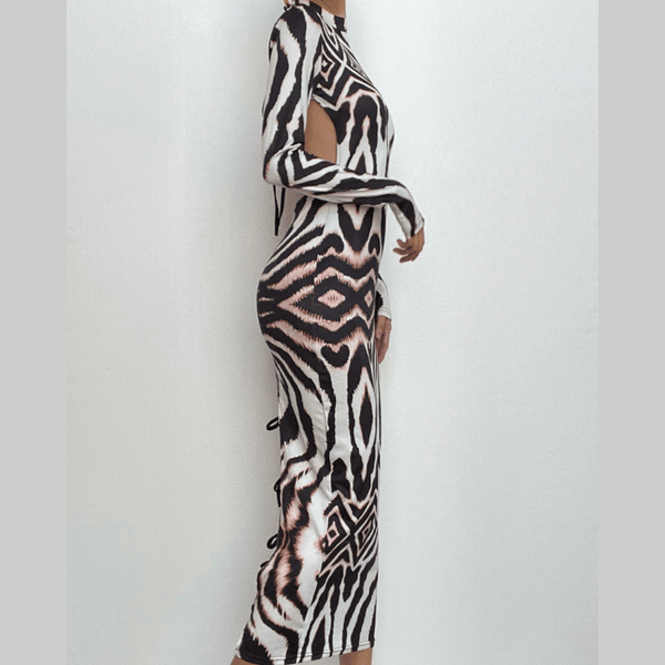 Backless self tie long sleeve tiger print contrast midi dress