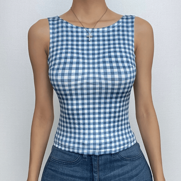 Sleeveless plaid contrast backless bowknot top