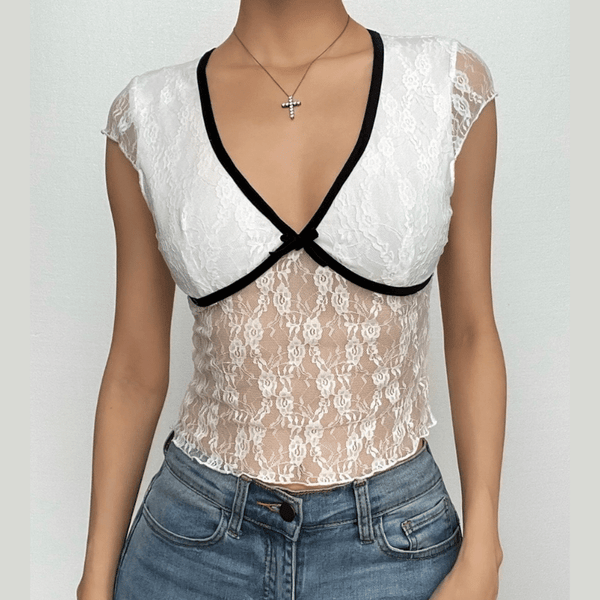 Lace contrast v neck cap sleeve bowknot ruffle crop top