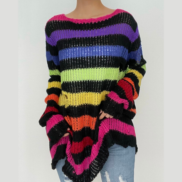 Gradient hollow out contrast striped long sleeve crochet cut out top