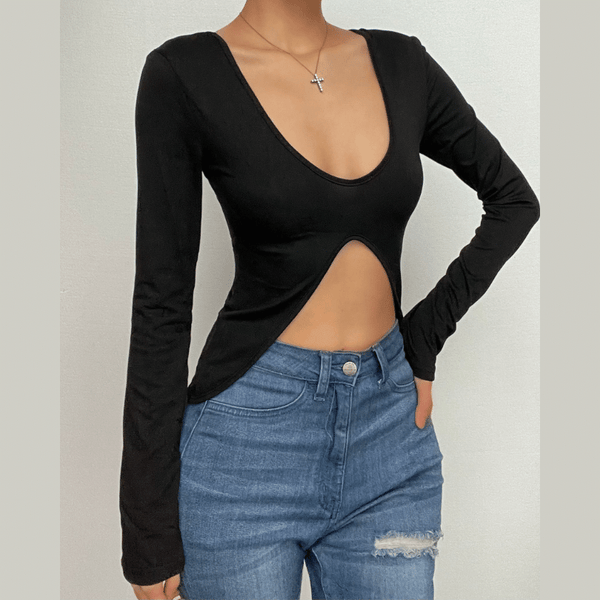 Long sleeve round neck solid backless slit top