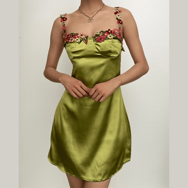 Satin flower applique contrast zip-up cami mini dress
