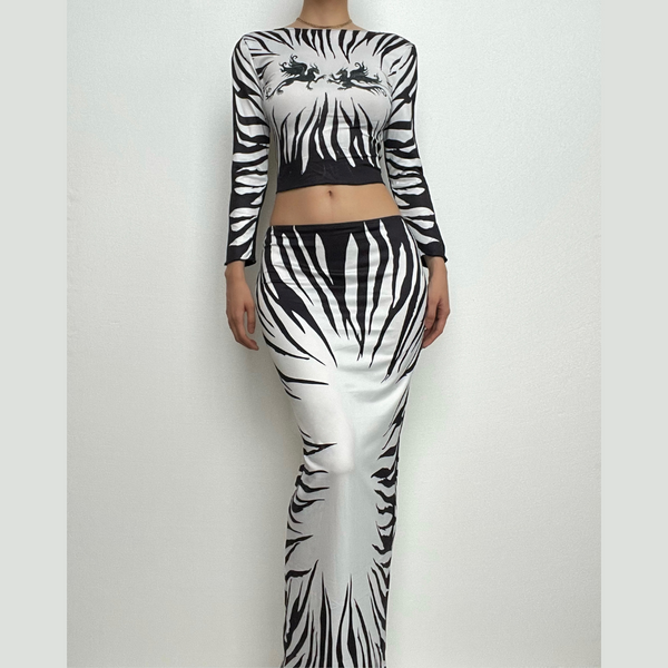Abstract long sleeve contrast backless self tie maxi skirt set