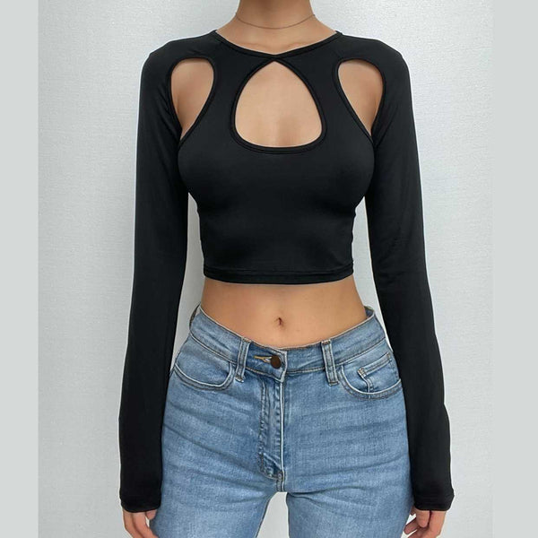 Long sleeve hollow out gloves solid crop cut out top