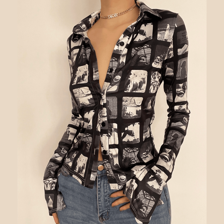 Turnover collar buttoned flared long sleeve print top - Halibuy