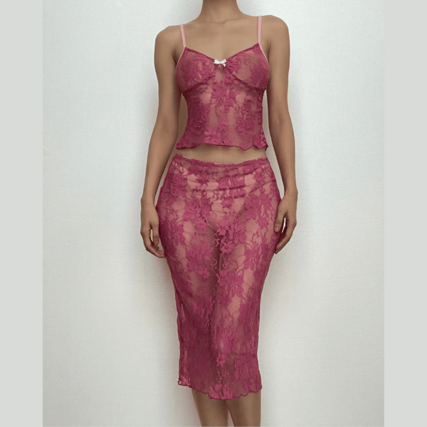 Lace see through v neck backless solid cami midi skirt set