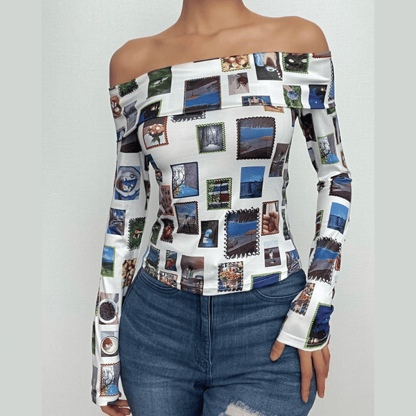 Abstract off shoulder long sleeve contrast top
