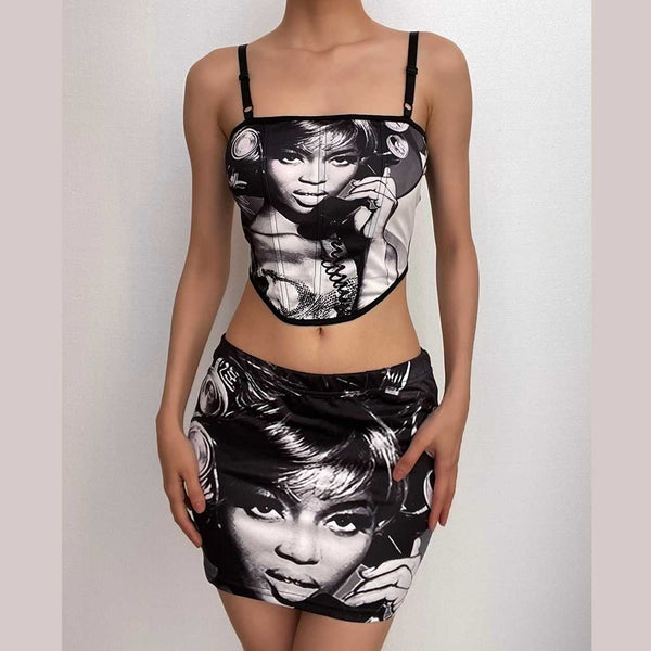 Contrast abstract print square neck cami mini skirt set
