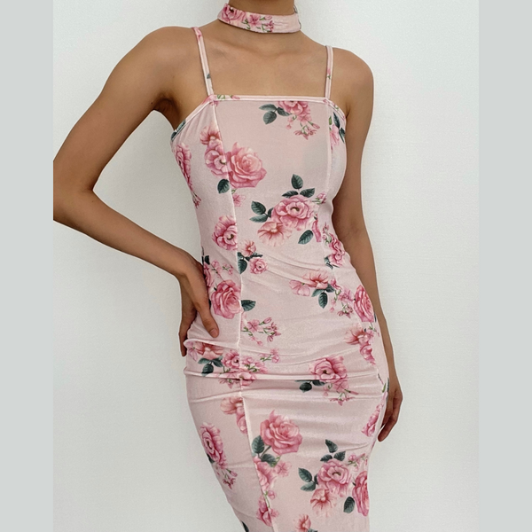 Rose print velvet halter lace up backless slit midi dress