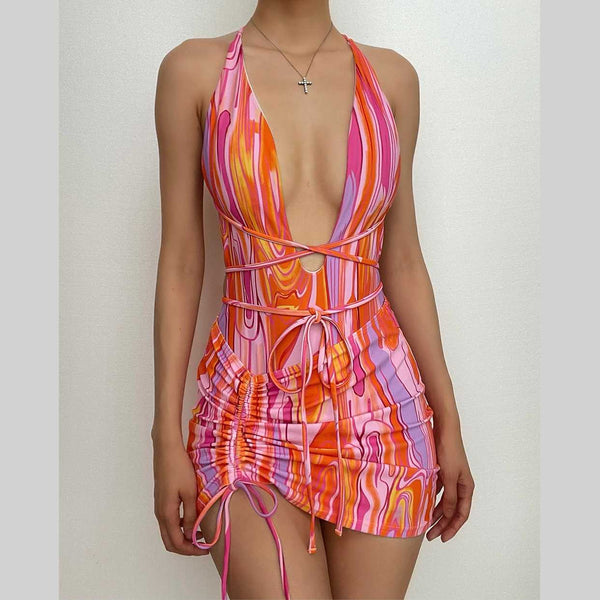 Ripple drawstring cross back one piece swimwear with beach skirt