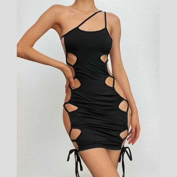 Hollow out one shoulder lace up drawstring low cut mini dress