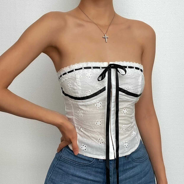 Textured contrast stitch self tie button backless tube top