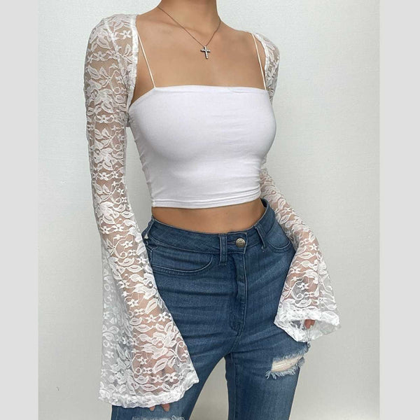 Flared sleeve lace hollow out solid shrug cut out top