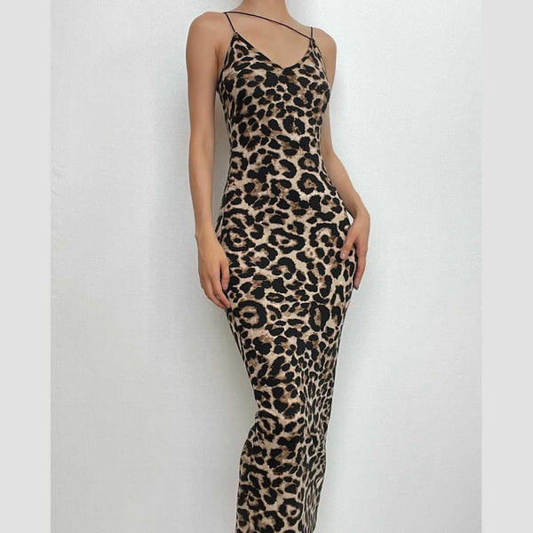 Leopard print contrast spaghetti strap u neck backless midi dress