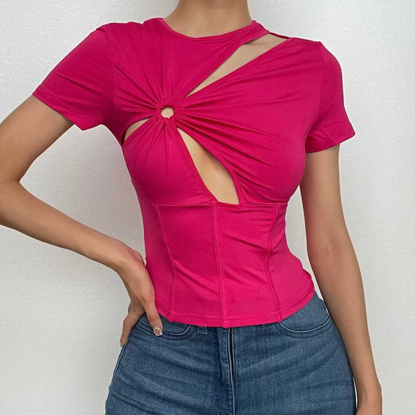 Short sleeve crewneck ruched hollow out corset cut out top