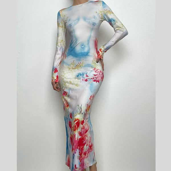 Long sleeve crewneck flower print contrast maxi dress