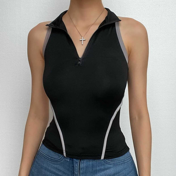 High neck contrast sleeveless zip-up hollow out backless cut out top