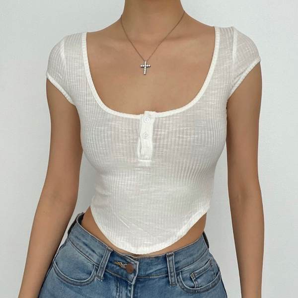 See through solid low cut button cap sleeve crop top