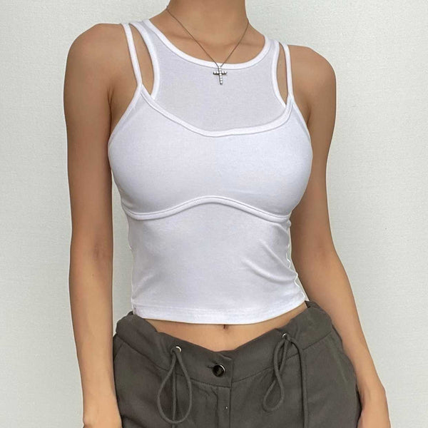 Patchwork sleeveless solid round neck crop top