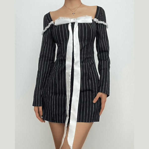 Bowknot striped long sleeve square neck zip-up contrast mini dress