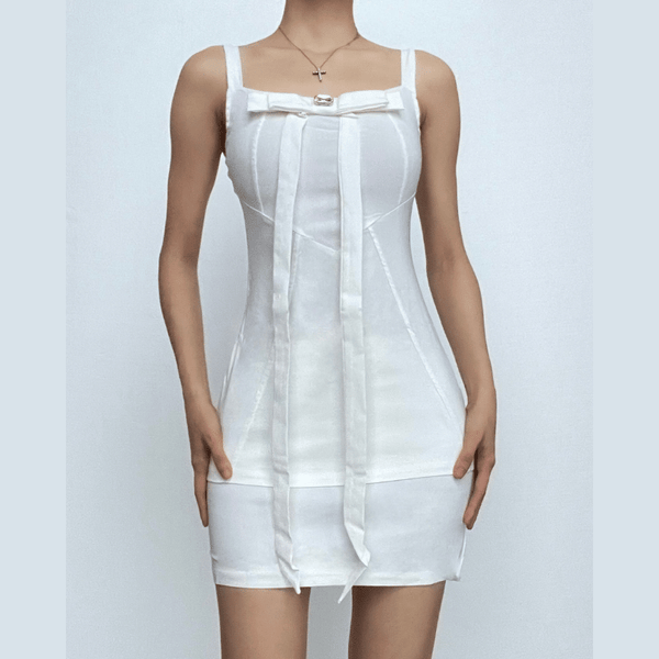 Bowknot solid square neck zip-up sleeveless mini dress