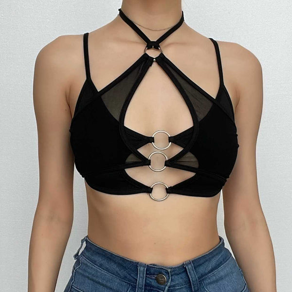 Mesh halter o ring solid hollow out backless patchwork crop cut out top