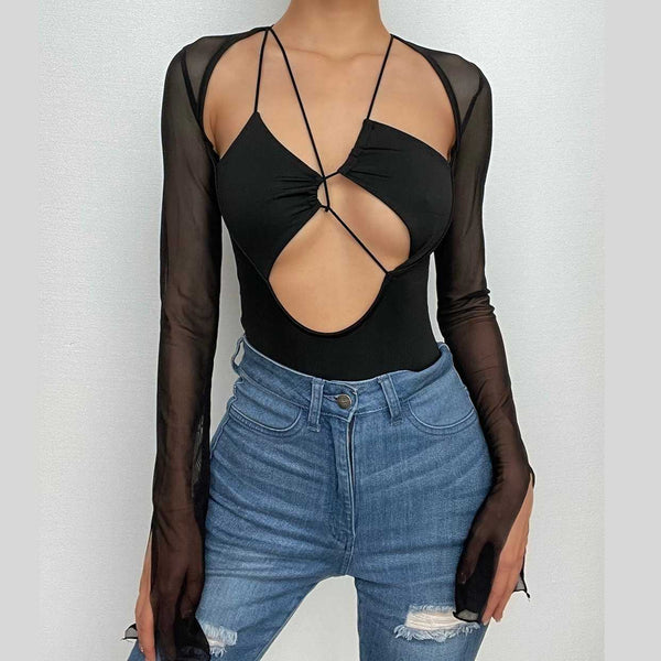 Mesh long sleeve hollow out bodysuit