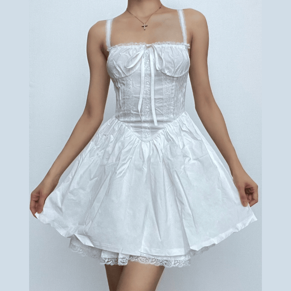 Lace hem lace up ruched backless square neck mini dress