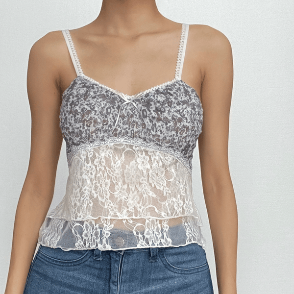Lace patchwork see through low cut solid cami top
