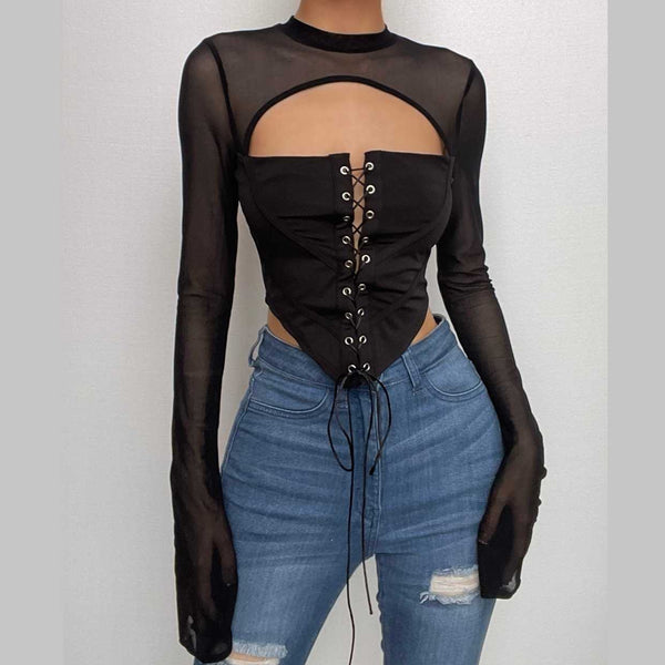 Lace up flared sleeve crewneck corset hollow out backless cut out top
