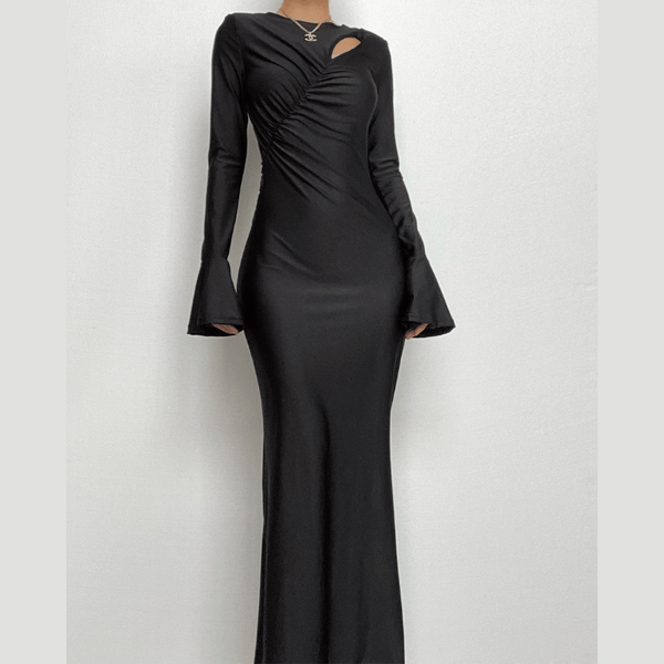 Ruched solid hollow out irregular long sleeve maxi dress