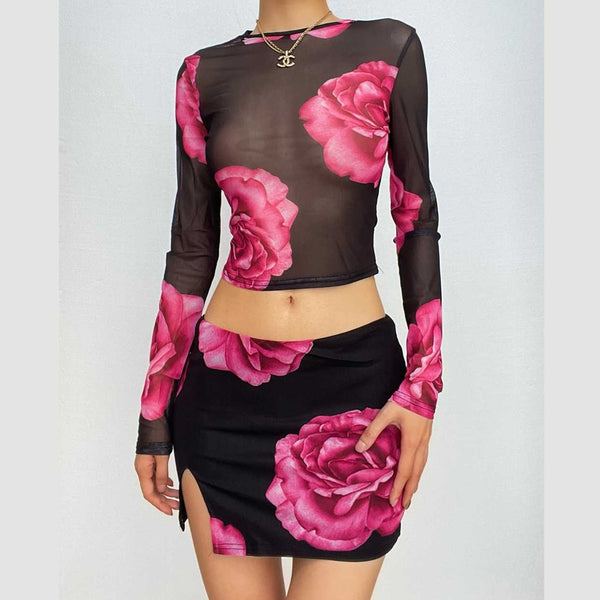 Mesh see through flower print long sleeve slit mini skirt set