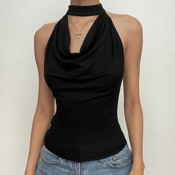Cowl neck halter solid backless button sleeveless top