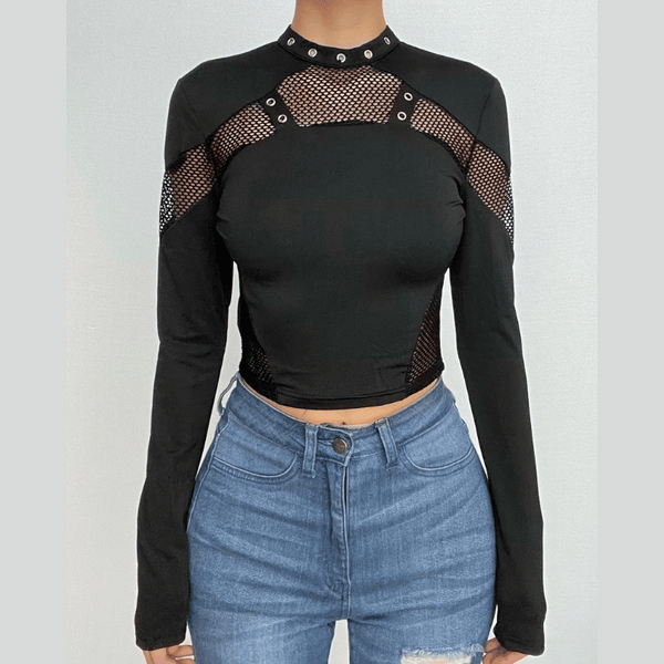 Fishnet patchwork solid button long sleeve crop top