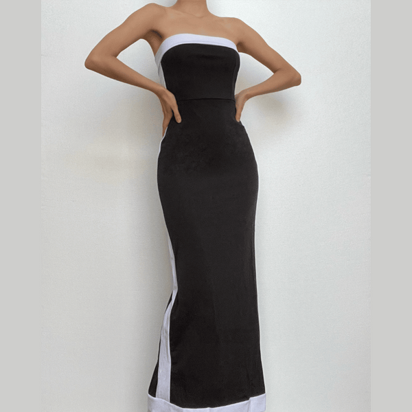 Zip-up backless patchwork contrast tube maxi dress