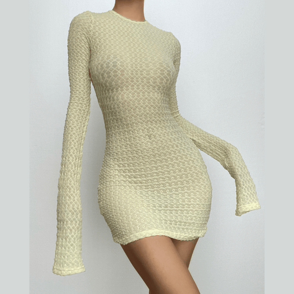Textured backless self tie long flared sleeve solid mini dress